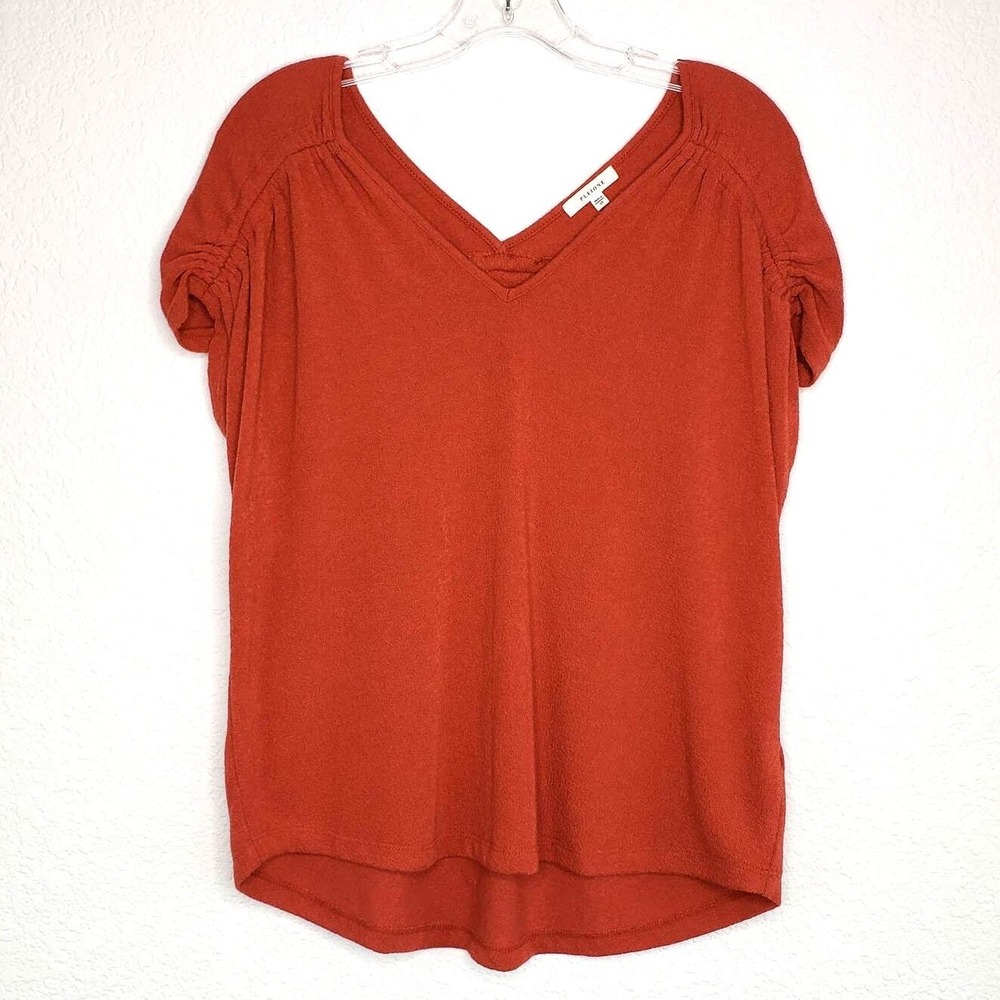 Pleione Tunic Womens XS Rust Orange V Neck Short Sleeve Gathered Top Fall Office